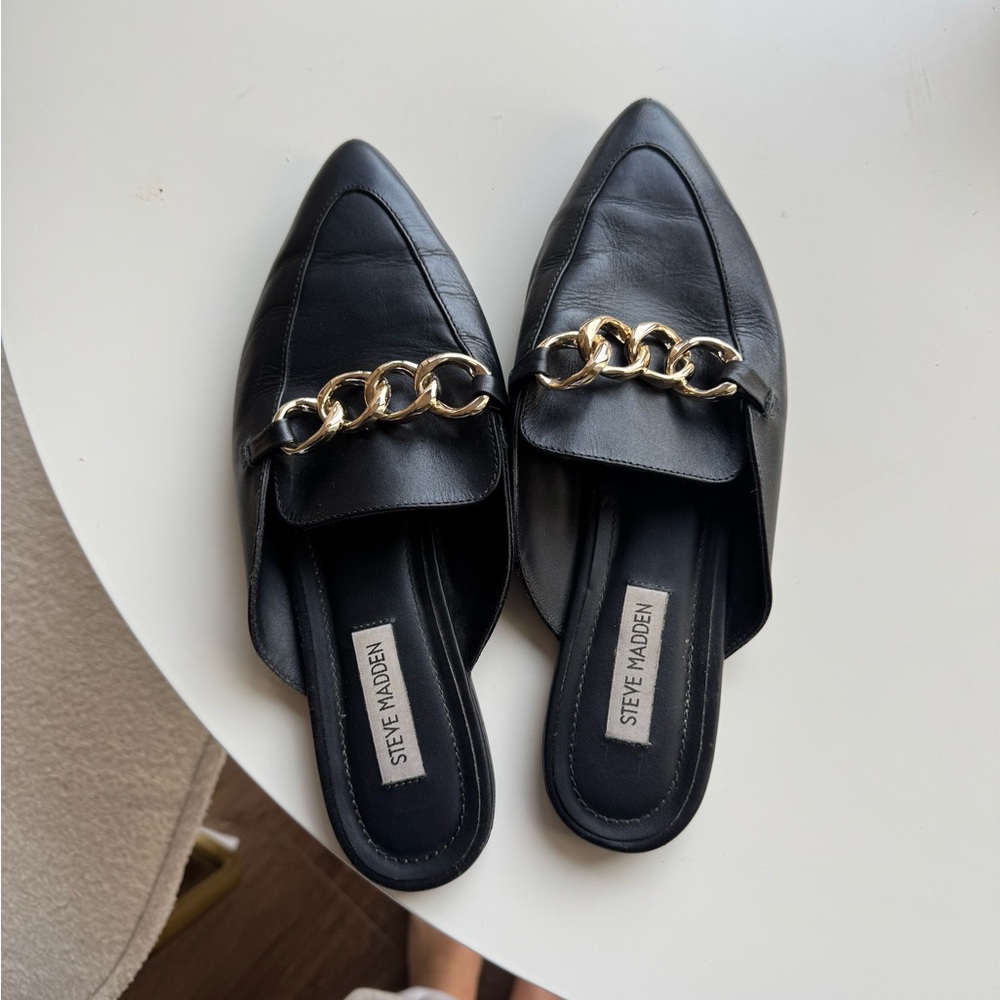 Steve Madden Black Mules with Gold Chain Accent